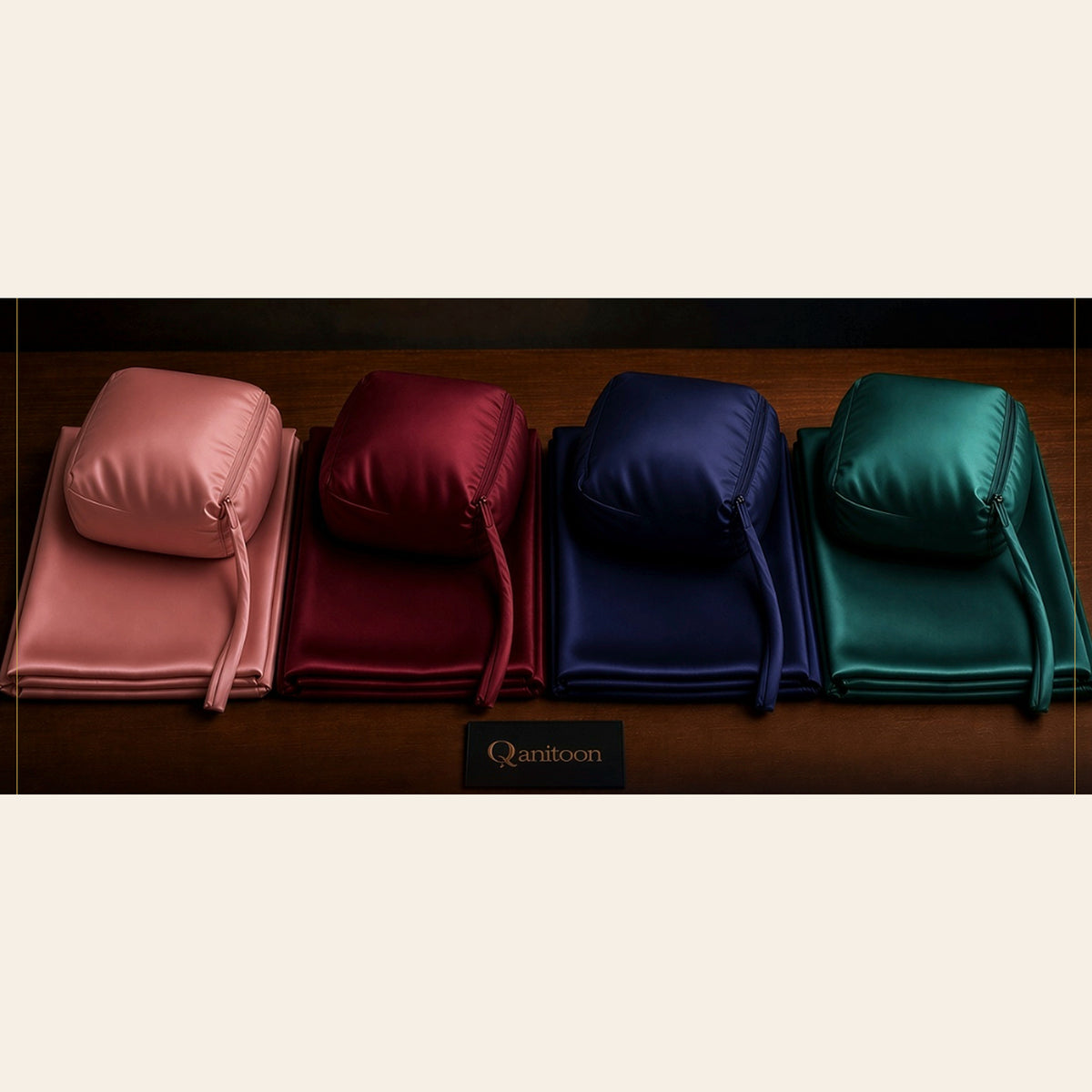 Qanitoon satin prayer sets for women in dusty rose, burgundy, navy and emerald