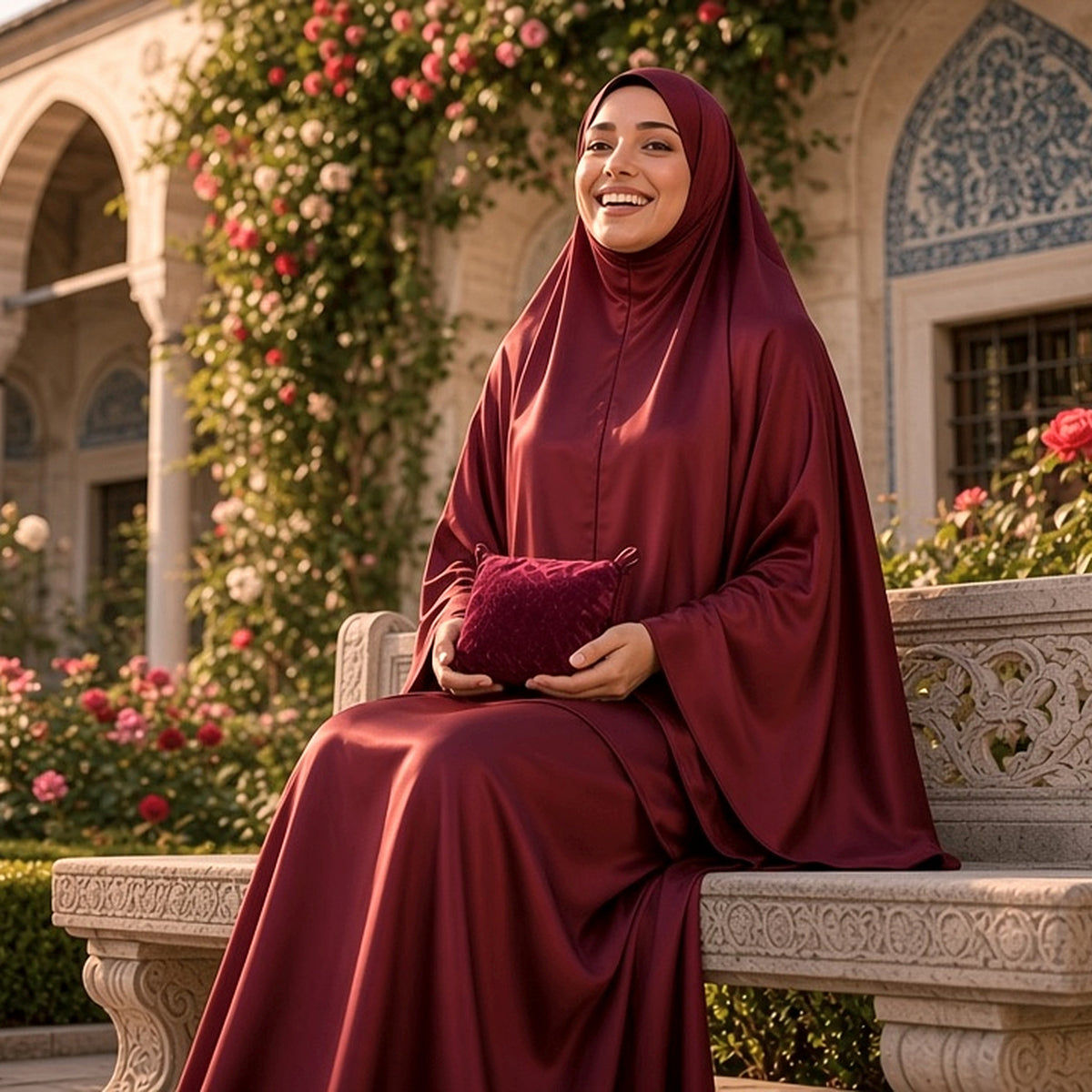 Qanitoon burgundy satin prayer set with khimar and long skirt, worn in a garden