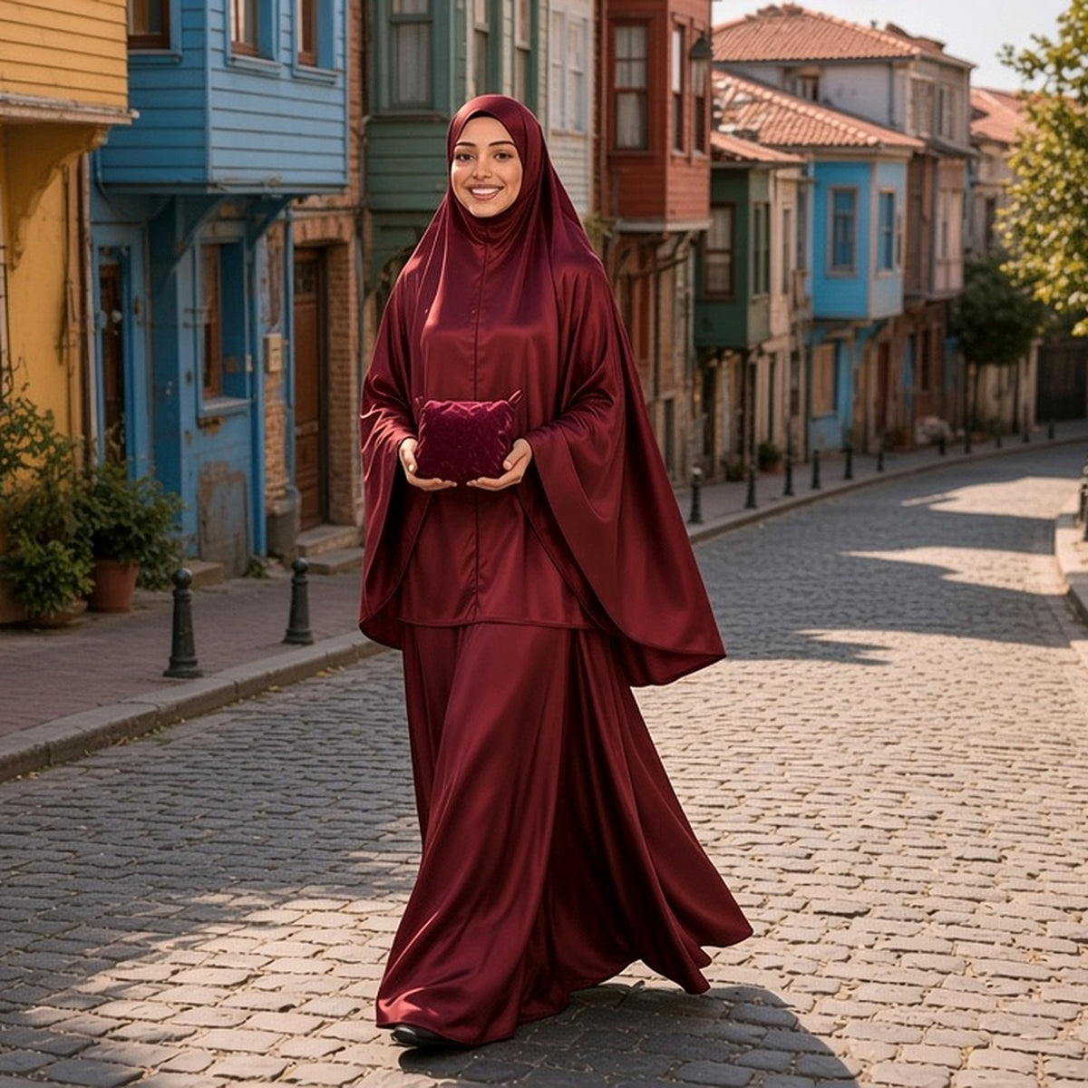 Qanitoon burgundy satin prayer dress with khimar and long skirt, street view