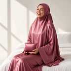Qanitoon dusty rose satin prayer set for women with khimar and long skirt