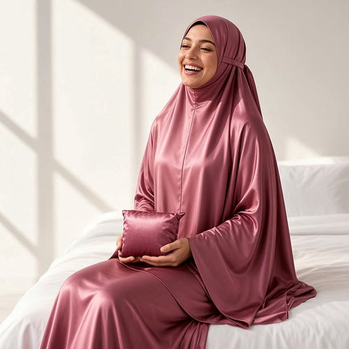 Qanitoon dusty rose satin prayer set for women with khimar and long skirt