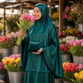 Qanitoon emerald satin prayer set for women with khimar and long skirt