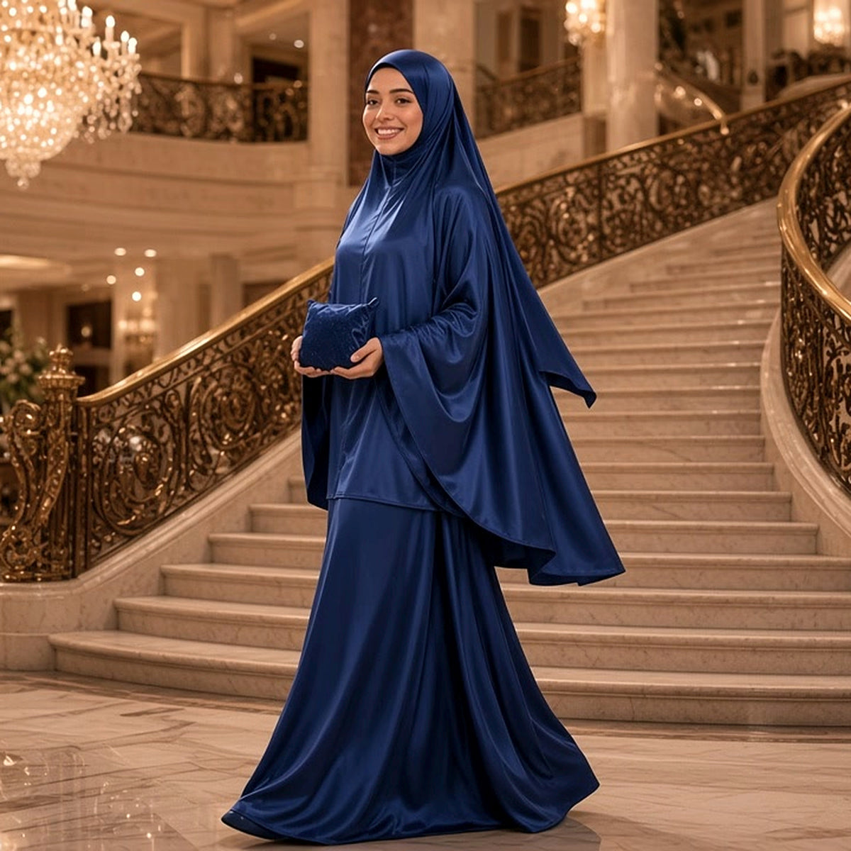 Qanitoon navy satin prayer set for women with khimar and long skirt