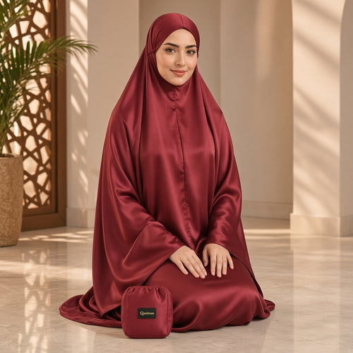 Qanitoon satin prayer set in burgundy – قانتون